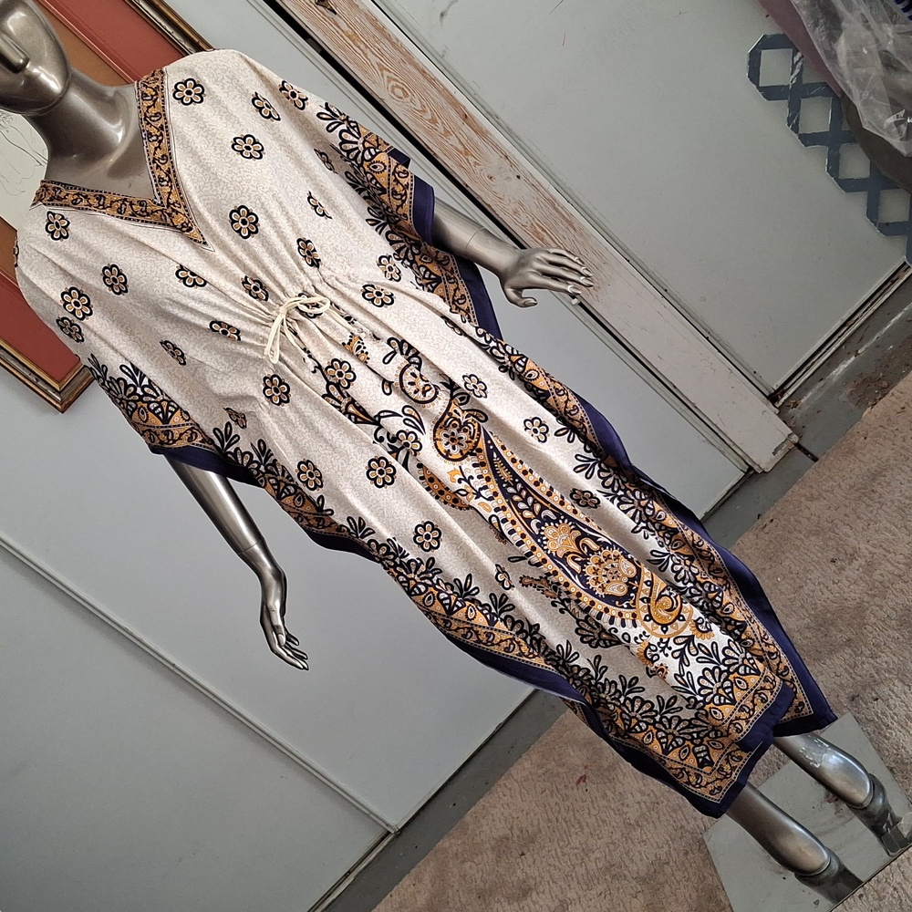 70's chic caftan in light wt printed cotton with hand beadwork trim